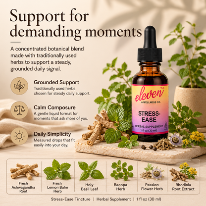 Eleven TLC Stress-Ease infographic detailing 6-herb adaptogenic blend, daily ritual benefits, and 1oz volume specification.