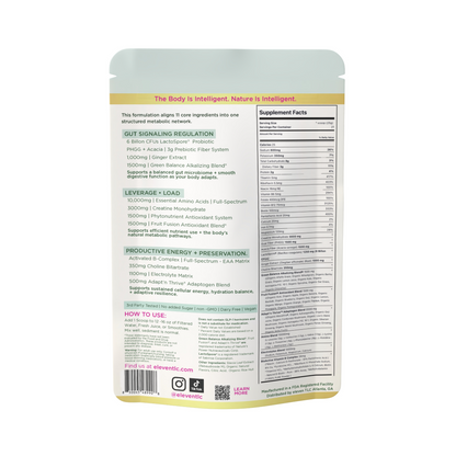 Verdant Daily System back label showing the 11 core ingredients, supplement facts, and usage instructions for the metabolic powder.
