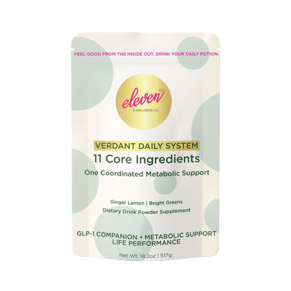 Front-facing studio view of the Eleven TLC Verdant Daily System packaging. The asset is a vertical, soft-touch matte pouch containing 517g of metabolic drink powder. The label design features clean, minimalist typography on a light, neutral background with subtle sage and yellow circular graphical accents. Key text '11 Core Ingredients' and 'One Coordinated Metabolic System' is clearly legible. The aesthetic is clinical and elevated, representing a functional dietary supplement.
