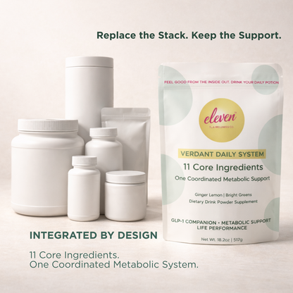 Eleven TLC Verdant Daily System pouch and prepared beverage replacing a cluttered stack of supplements on a clean, minimalist stone surface.