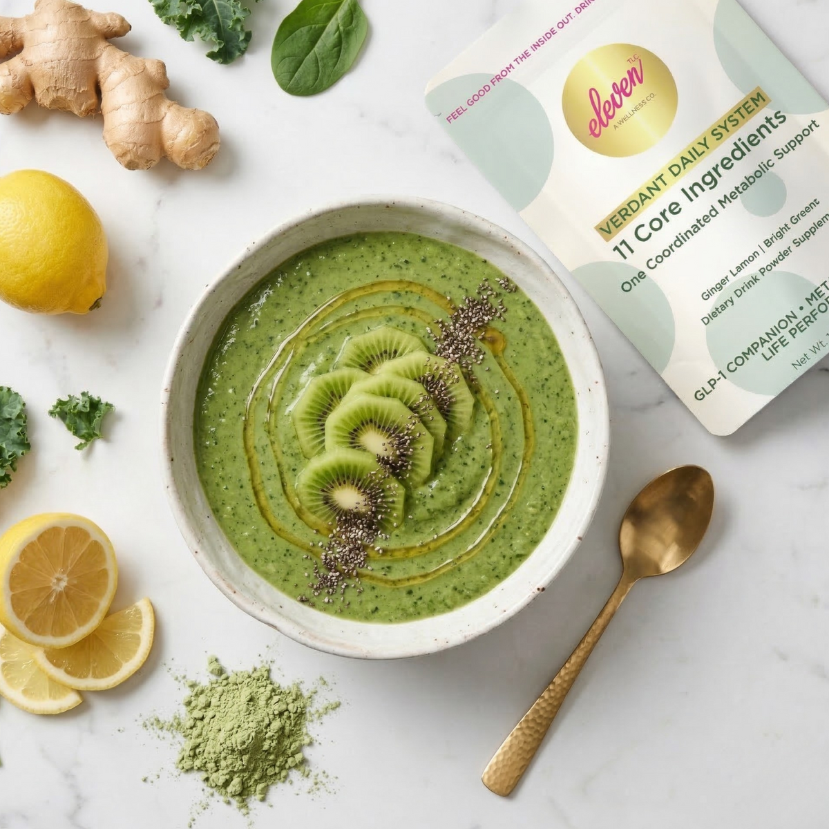 Verdant Daily System green smoothie bowl garnished with kiwi and chia seeds next to the 517g product pouch on a white surface.