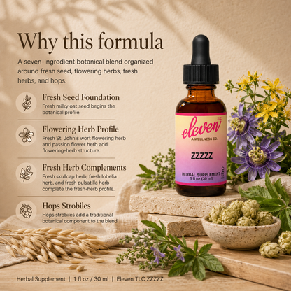 Eleven TLC ZZZZZ herbal supplement tincture with oat seed, hops, passion flower, and botanical formula callouts.