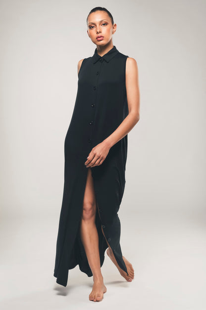 Maxi Sleeveless Shirt Dress in Black - Evelyn