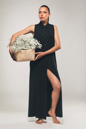 Maxi Sleeveless Shirt Dress in Black - Evelyn - Vegan America