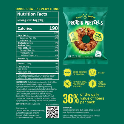 Crisp Power Protein Pretzels, Everything , High Protein Snack, 28G Protein, High Fiber Crunchy Pretzel Snacks, No Added Sugar, 1.75 oz Bags, 6 Pack, Vegan, Plant-Based, Keto
