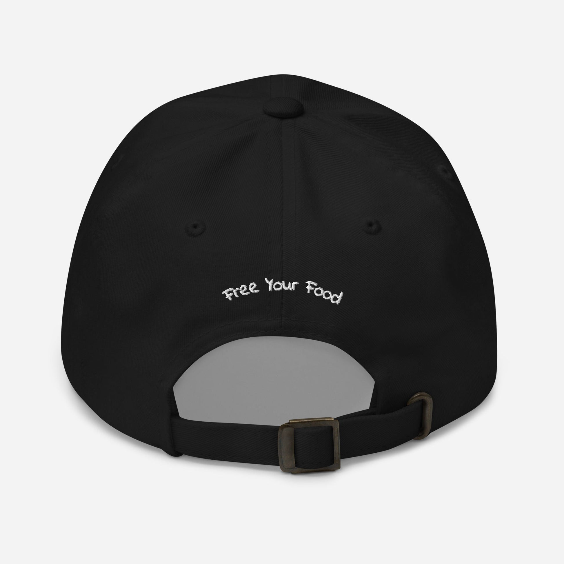 Back flat lay view of the Everyday Bare Life Cap in black, showing 'Free Your Food' embroidery and metal buckle strap.