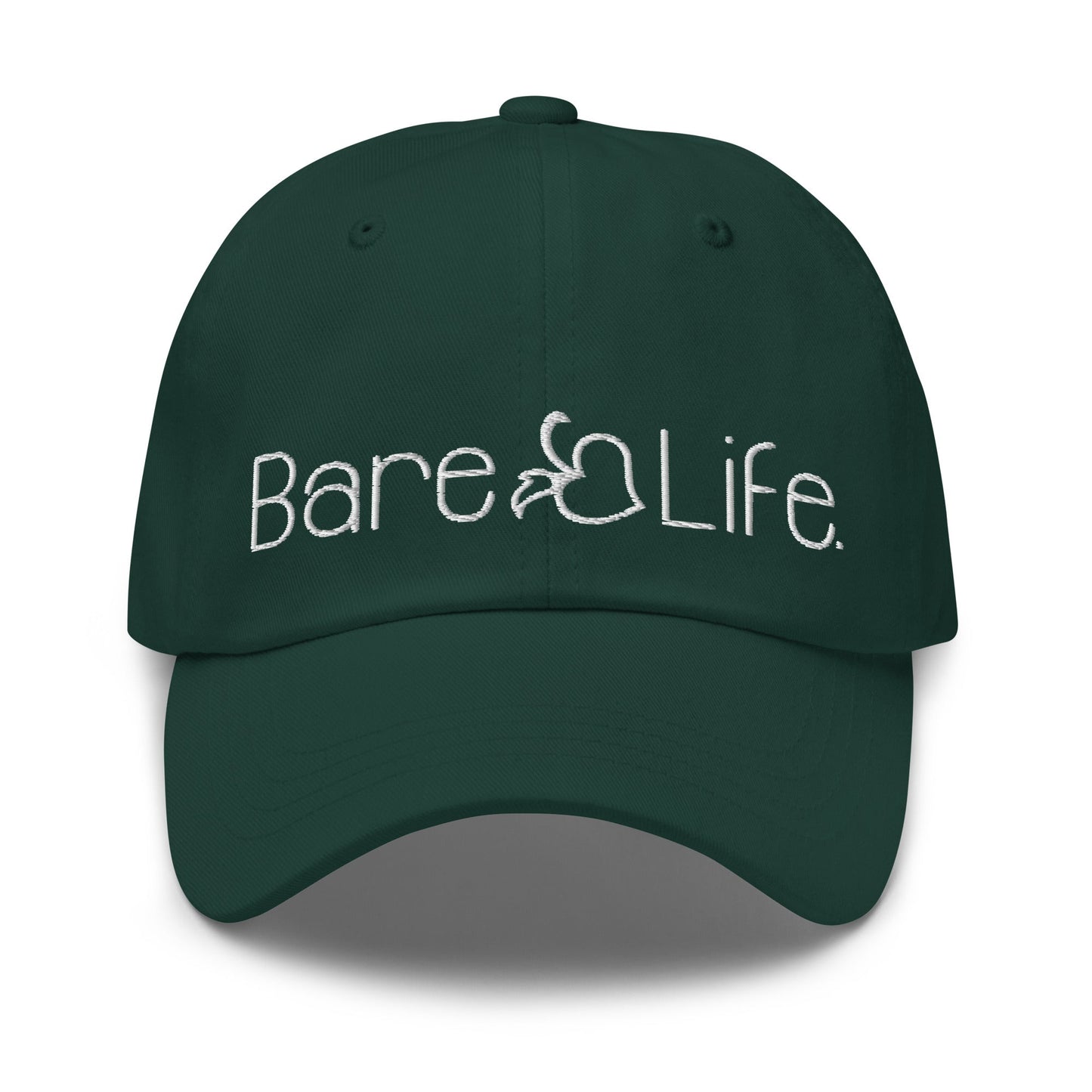 Front flat lay view of the Everyday Bare Life Cap in spruce green with embroidered Bare Life logo.