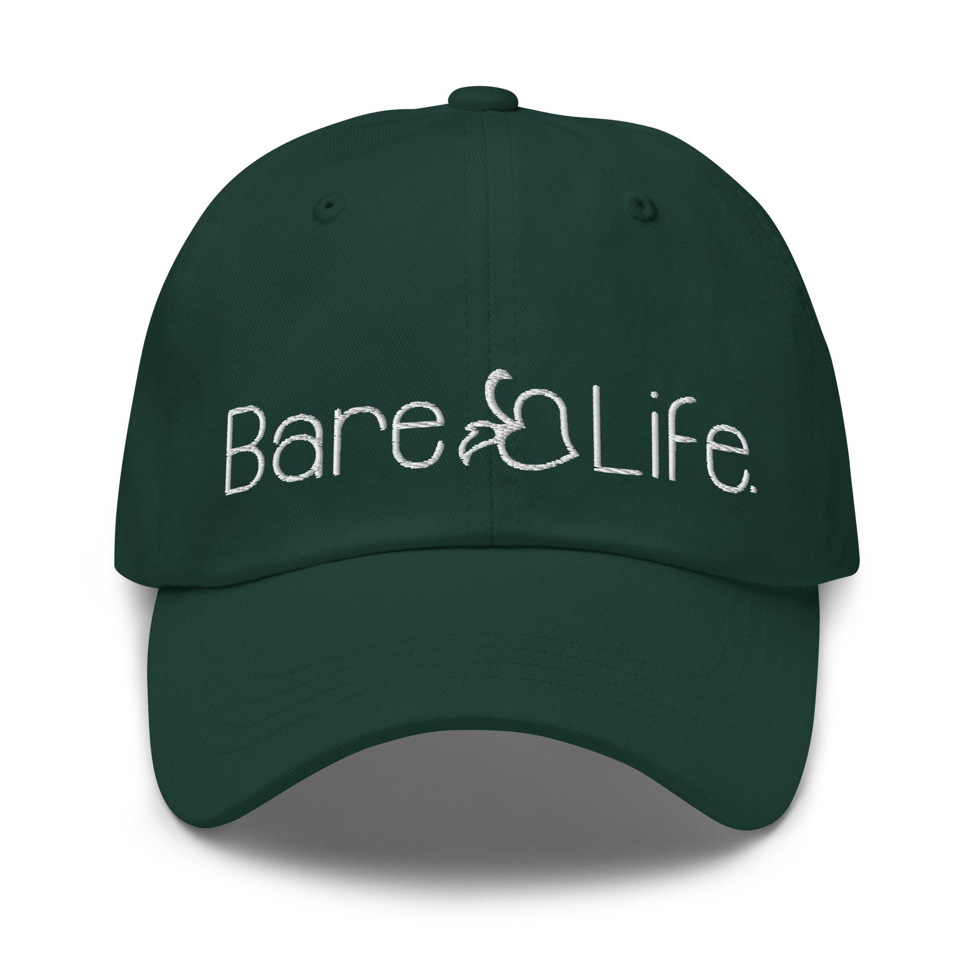 Front flat lay view of the Everyday Bare Life Cap in spruce green with embroidered Bare Life logo.