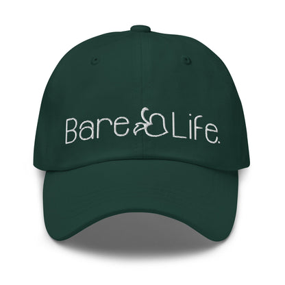 Front flat lay view of the Everyday Bare Life Cap in spruce green with embroidered Bare Life logo.