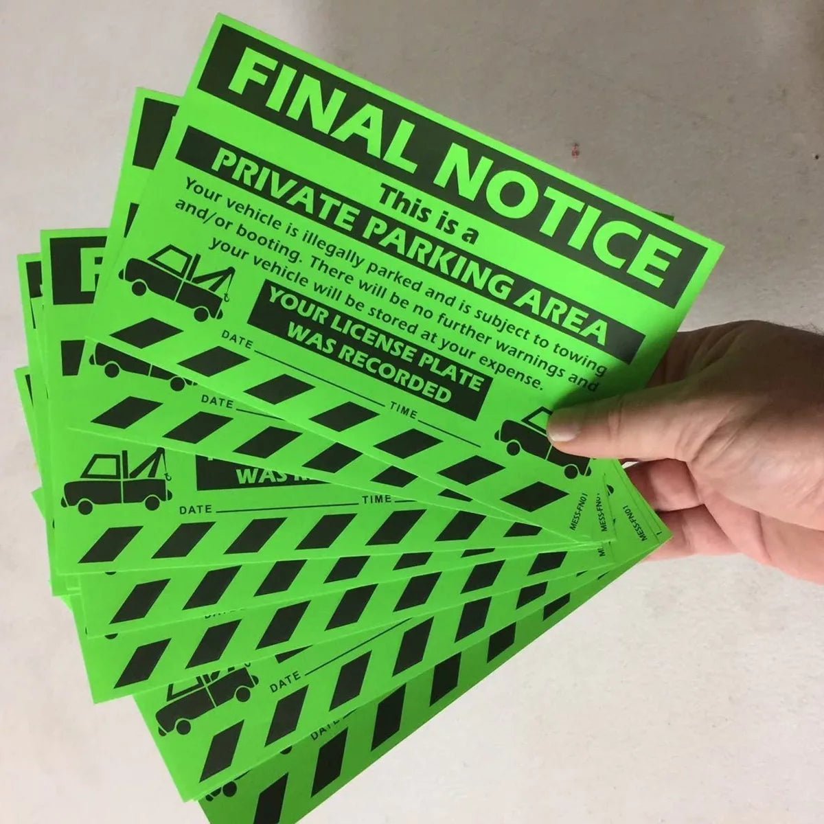"Final Notice" Green Very Hard to Remove Parking Stickers - Vegan America