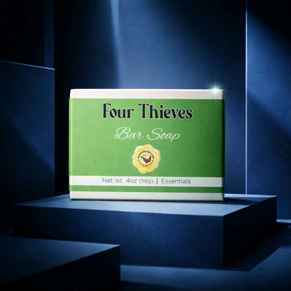 Four Thieves Bar Soap Box on blue background