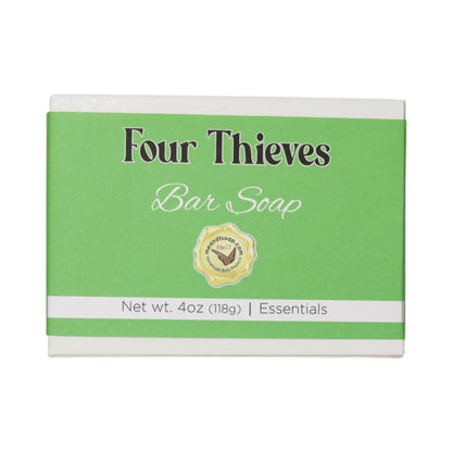 four thieves bar soap in a white box and a green label