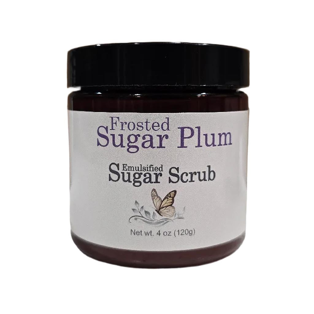 frosted sugar plum emulsified sugar scrub image shown in an amber jar