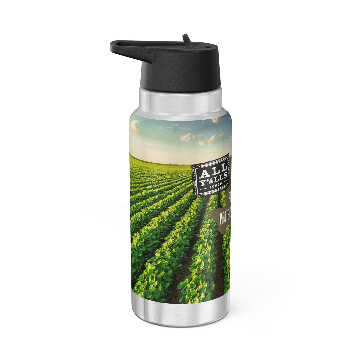 All Y'alls Foods branded stainless steel gator tumbler featuring a vibrant farm scene and 'Plant-Based Proteins for Every Body' slogan, ideal for keeping beverages hot or cold on the go.