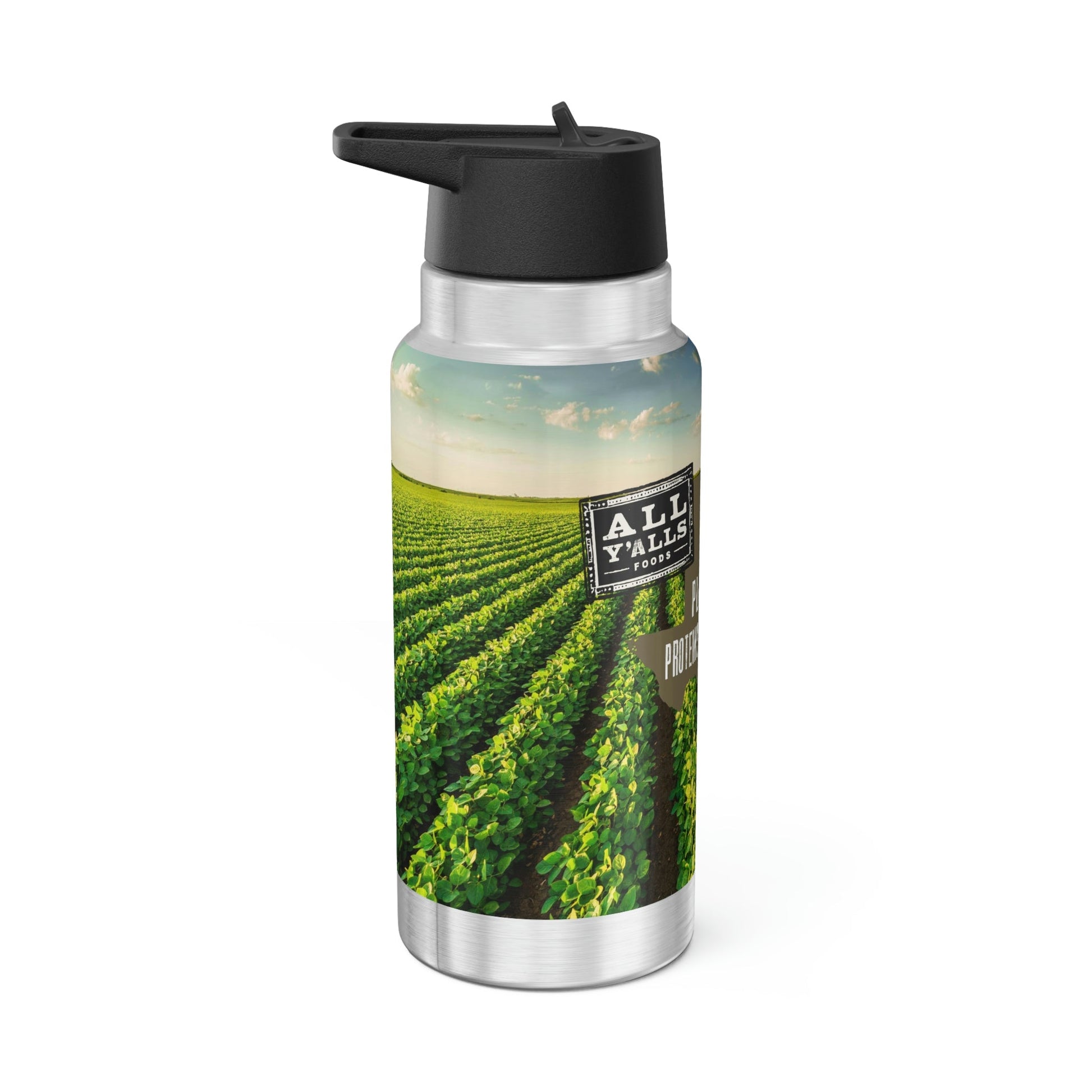 All Y'alls Foods branded stainless steel gator tumbler featuring a vibrant farm scene and 'Plant-Based Proteins for Every Body' slogan, ideal for keeping beverages hot or cold on the go.