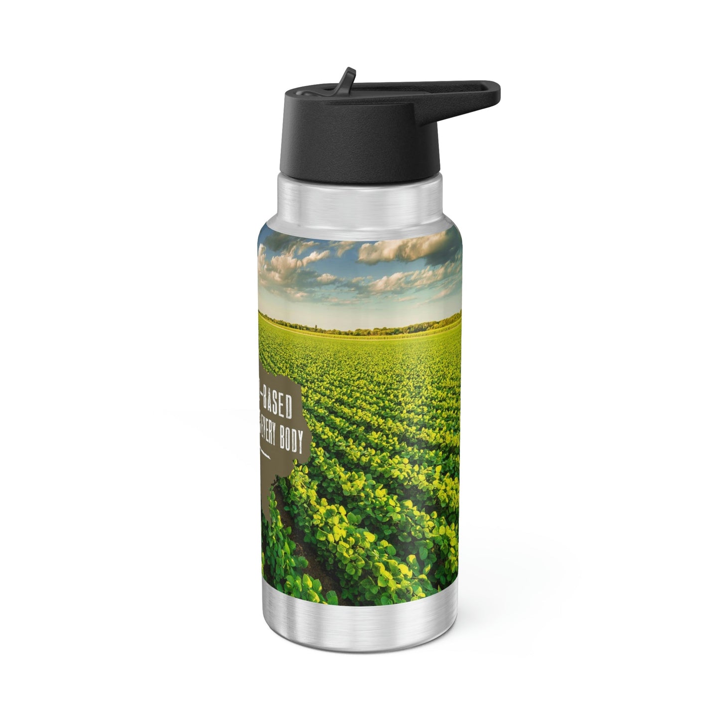 All Y'alls Foods branded stainless steel gator tumbler featuring a vibrant farm scene and 'Plant-Based Proteins for Every Body' slogan, ideal for keeping beverages hot or cold on the go.