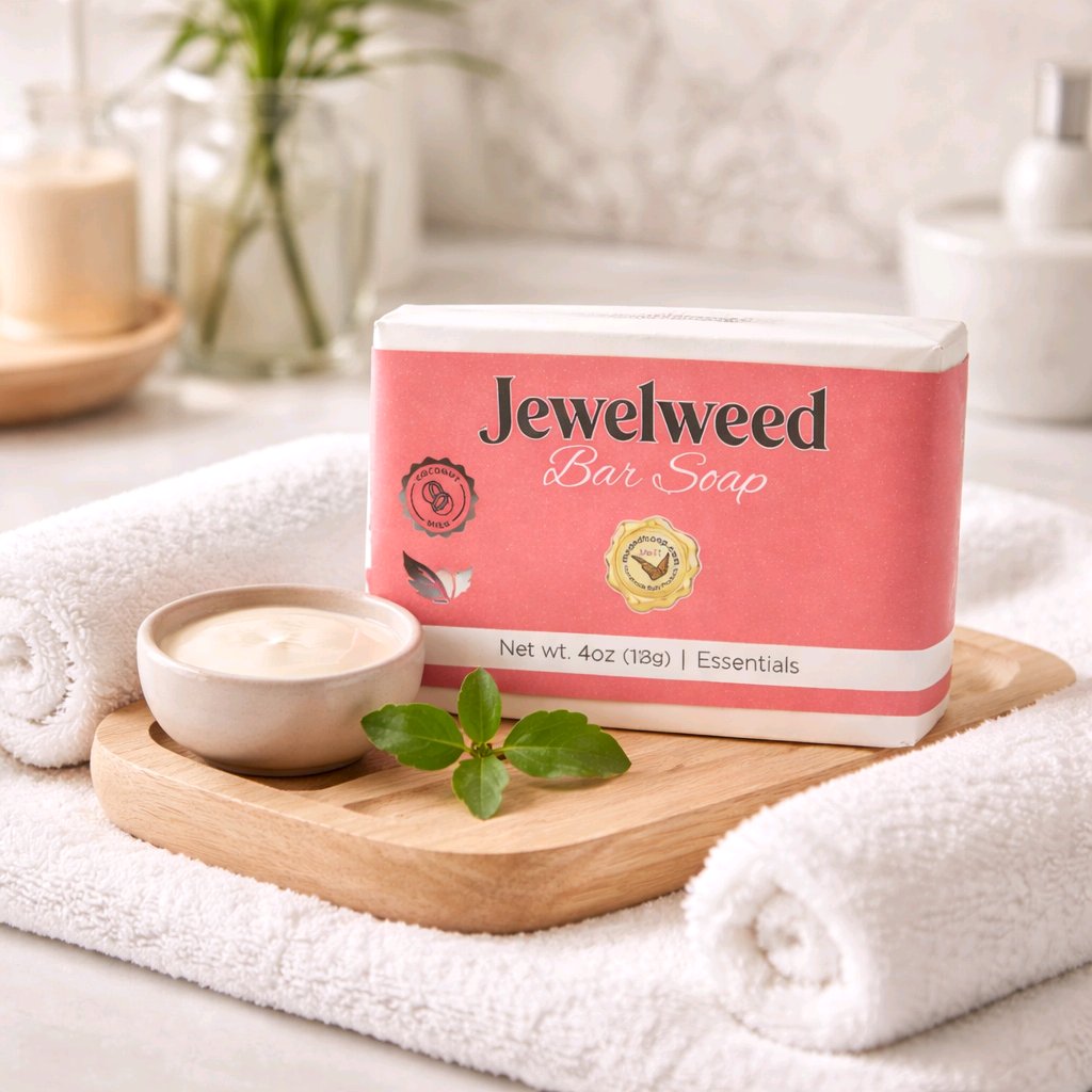 jewelweed bar soap box on a wood tray