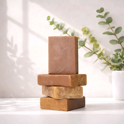 jewelweed bar soap stack on a white counter with greenery behind