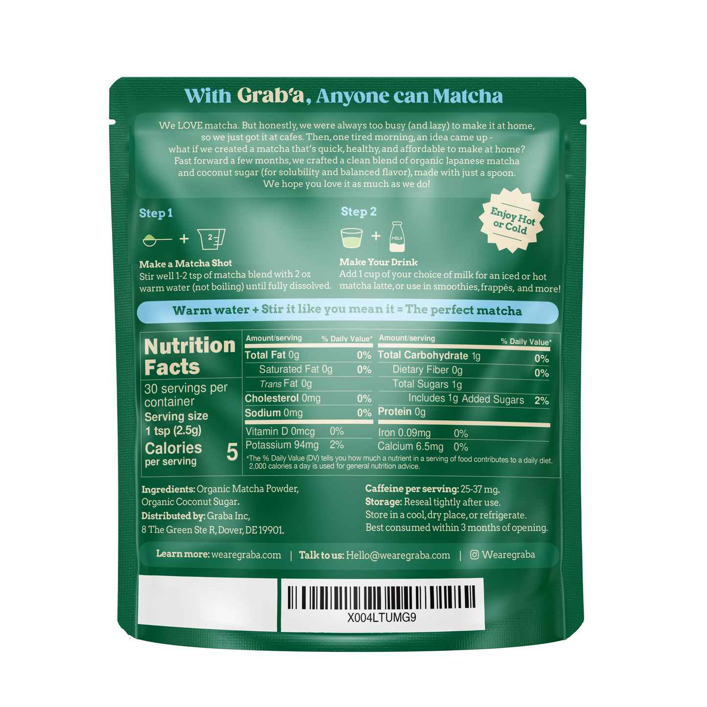 Grab’a Matcha Organic Instant Slightly Sweetened Matcha Green Tea Powder, Easy to Make Matcha Latte Mix, 30 servings, From Uji Japan (75g / 2.65oz)