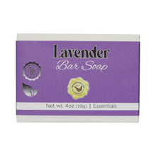 Lavender bar soap in a white box with a lavender label