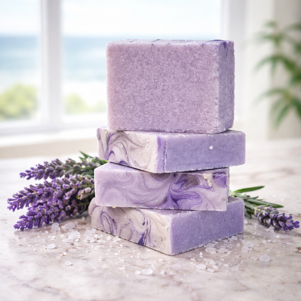 calm lavender sea salt bar soap stack