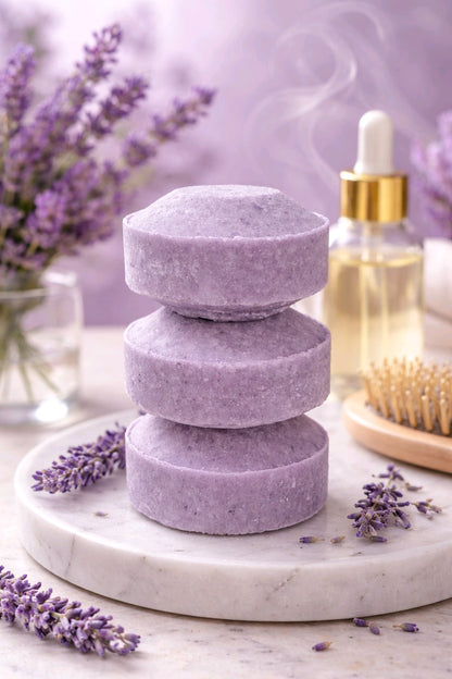 lavender solid shampoo bars stacked vertically