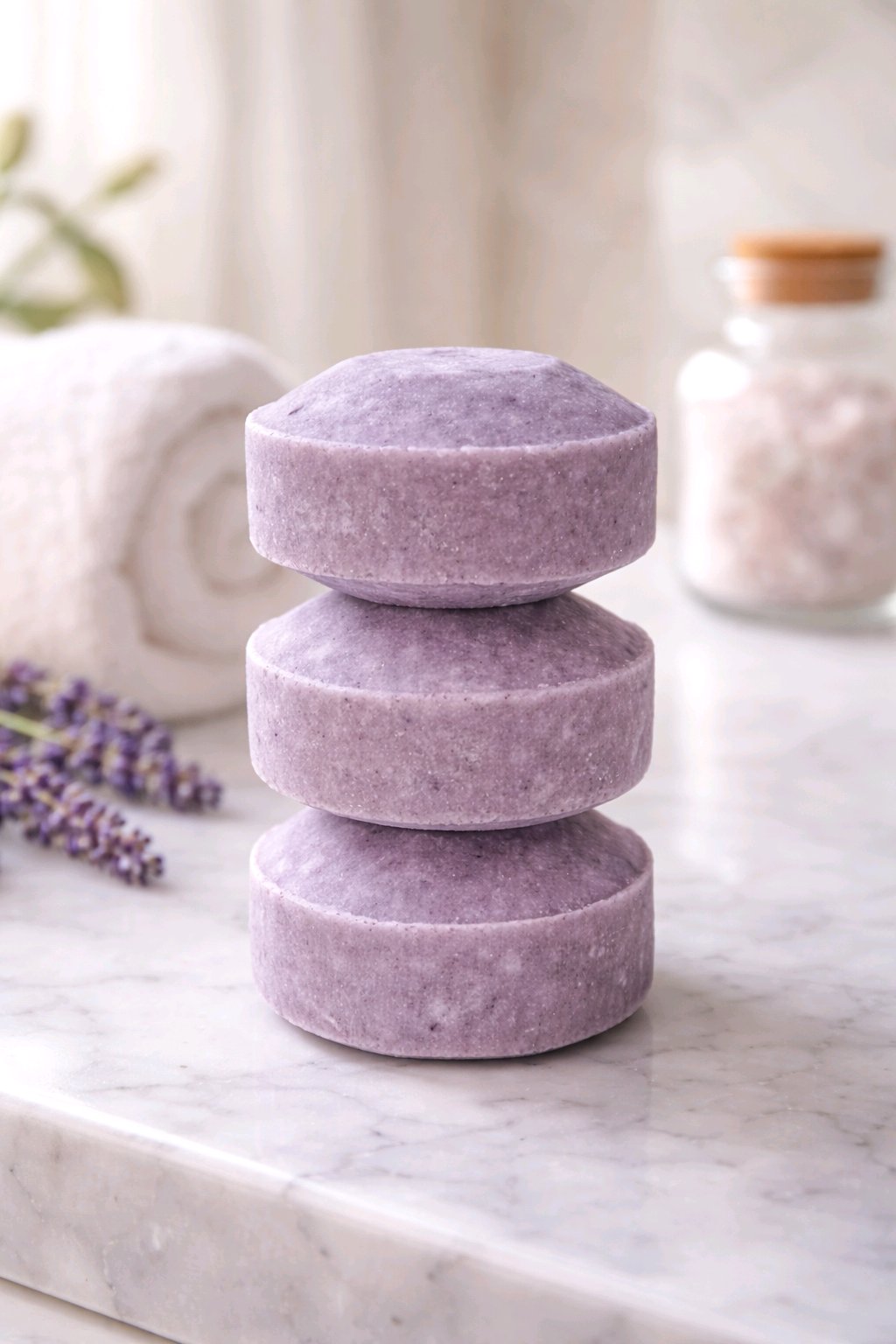 lavender solid shampoo bars stacked vertically on a marble countertop