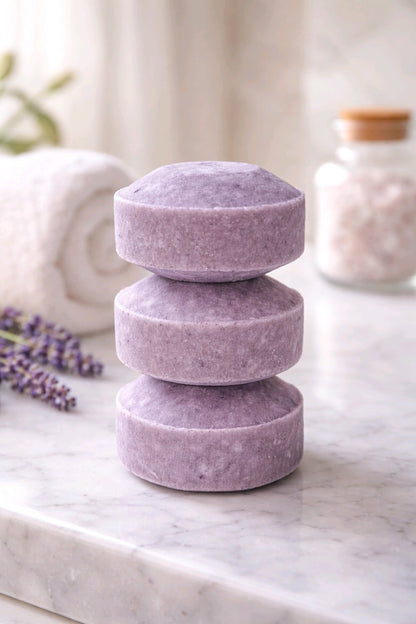 lavender solid shampoo bars stacked vertically on a marble countertop