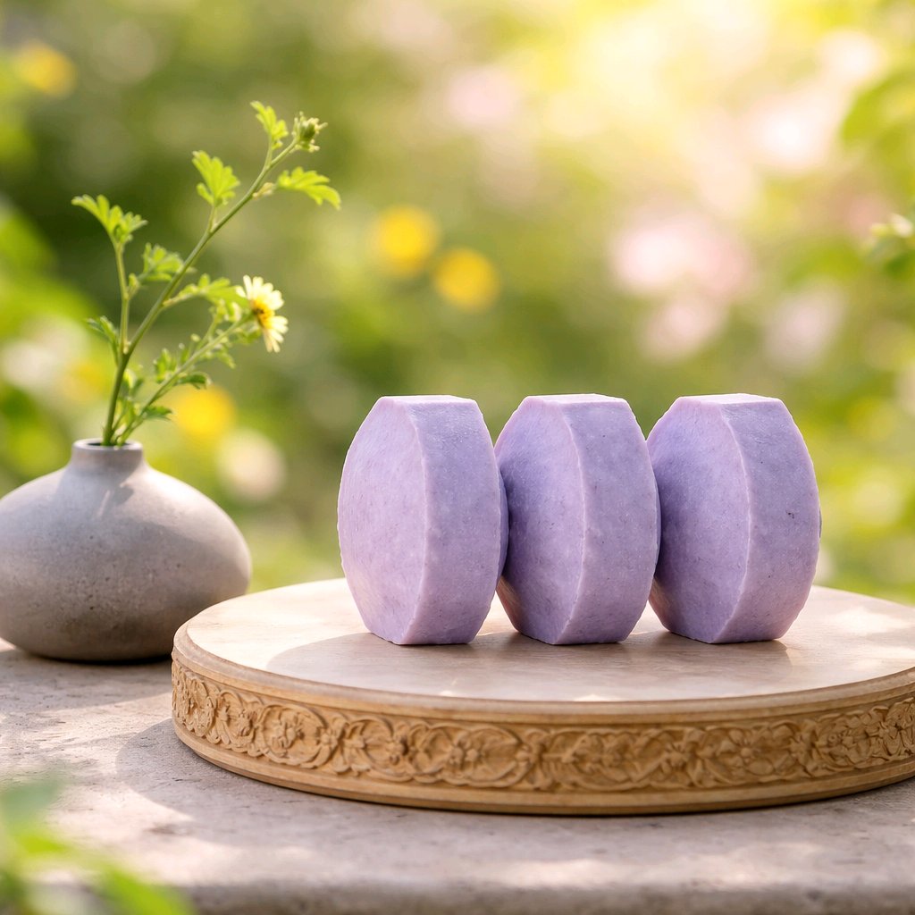 Lavender solid shampoo bars on round platform