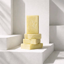 Lemon Tea Tree scrub bar soap stack on white minimalist background