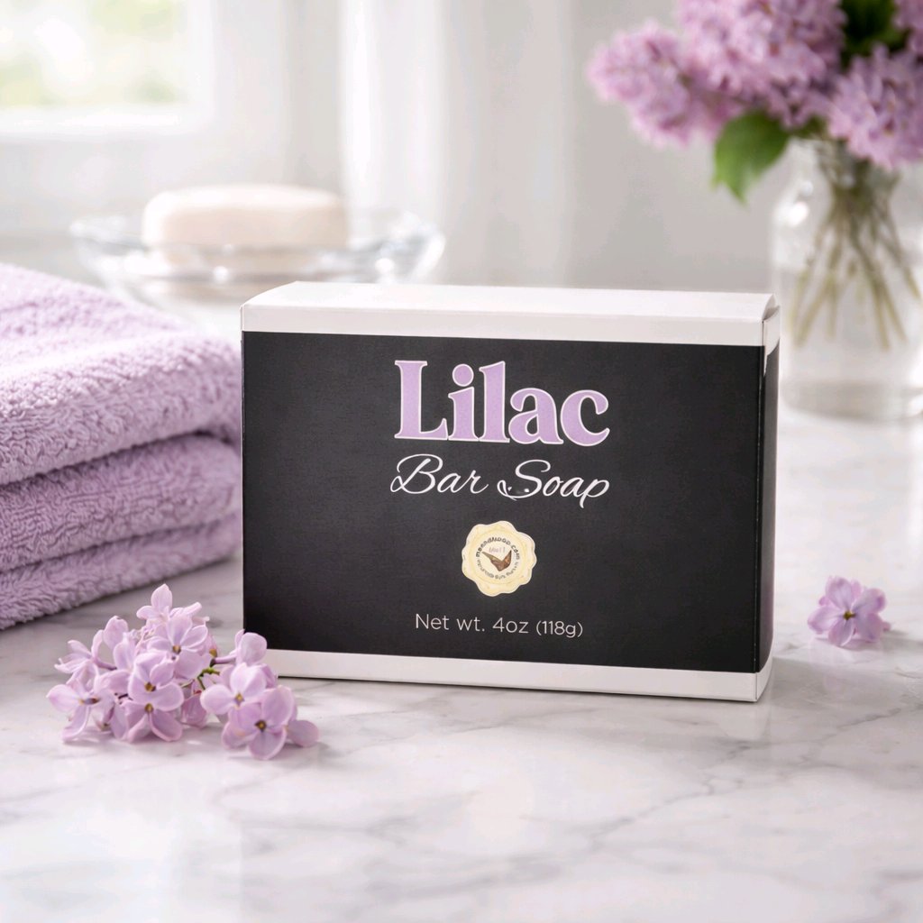 Lilac Bar Soap Box with a vase of lilacs behind
