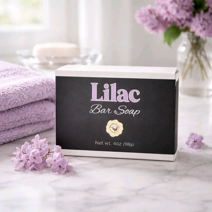 Lilac Bar Soap Box with a vase of lilacs behind
