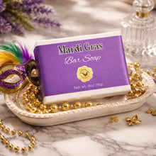 Mardi Gras Bar Soap Box in a tray with beads and a mask