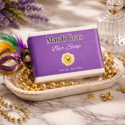 Mardi Gras Bar Soap Box in a tray with beads and a mask