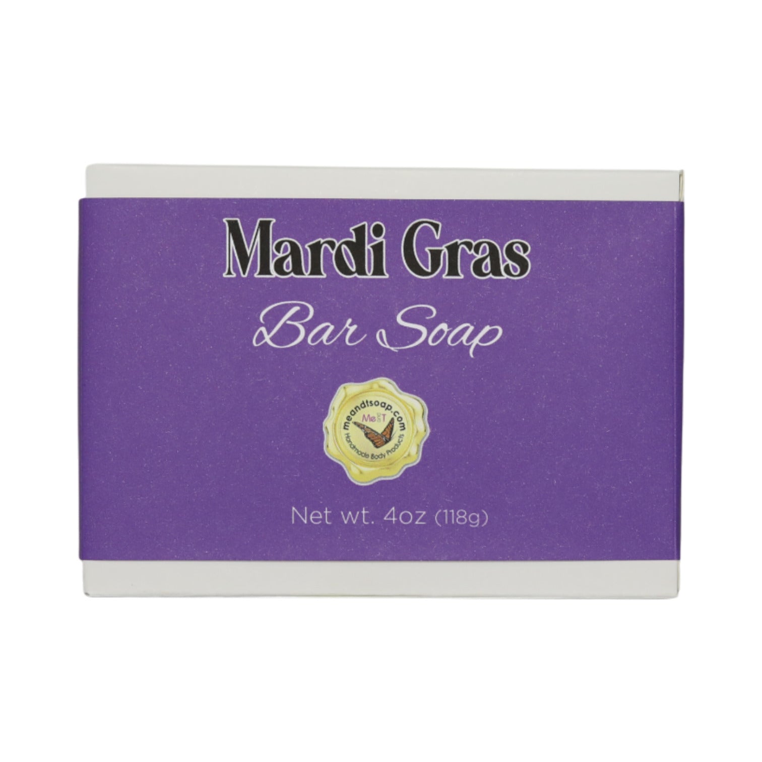 Mardi Gras Bar Soap shown in a white box with a purple label