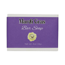 Mardi Gras Bar Soap shown in a white box with a purple label