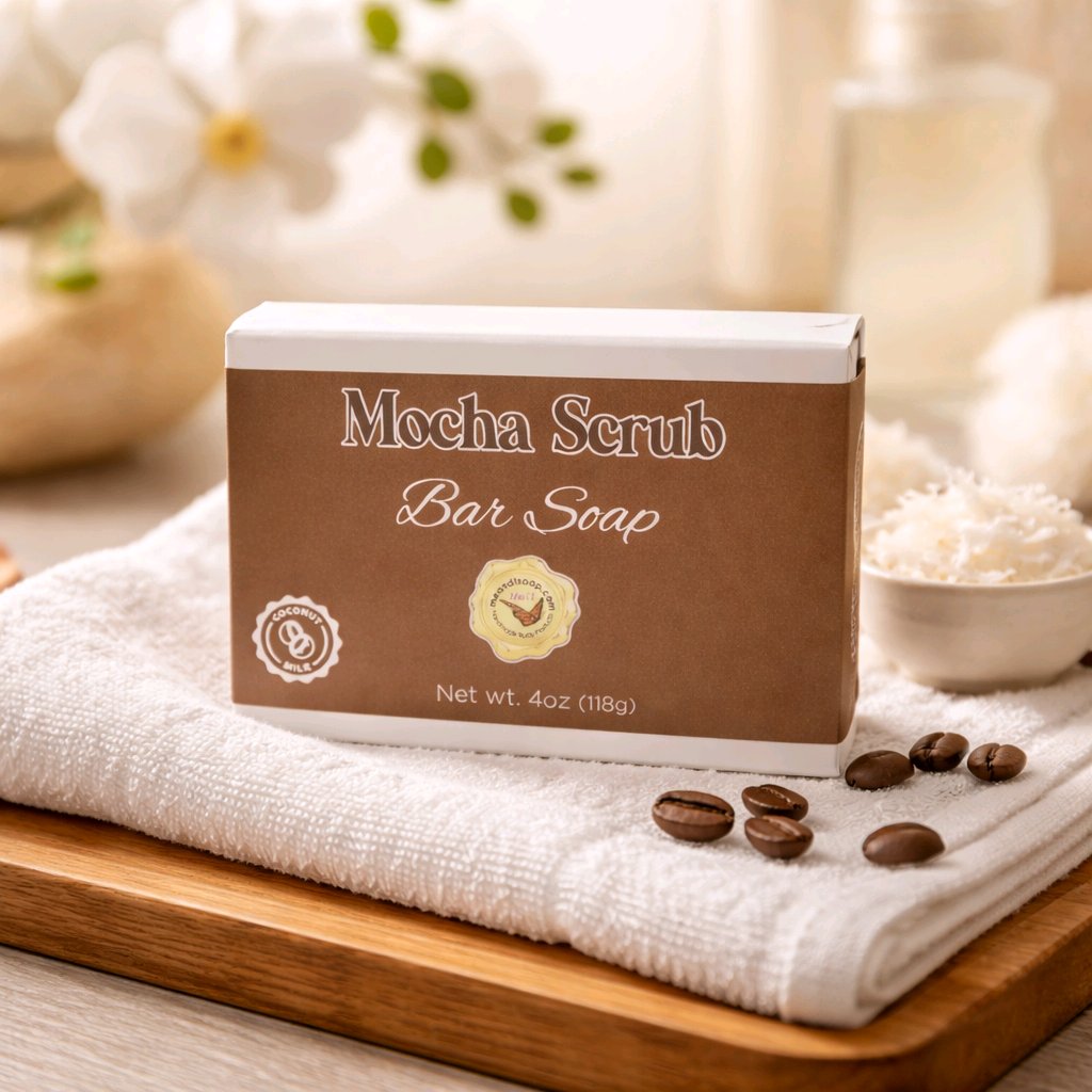 mocha-scrub-bar-soap-box-on-towel-with-coffee-beans