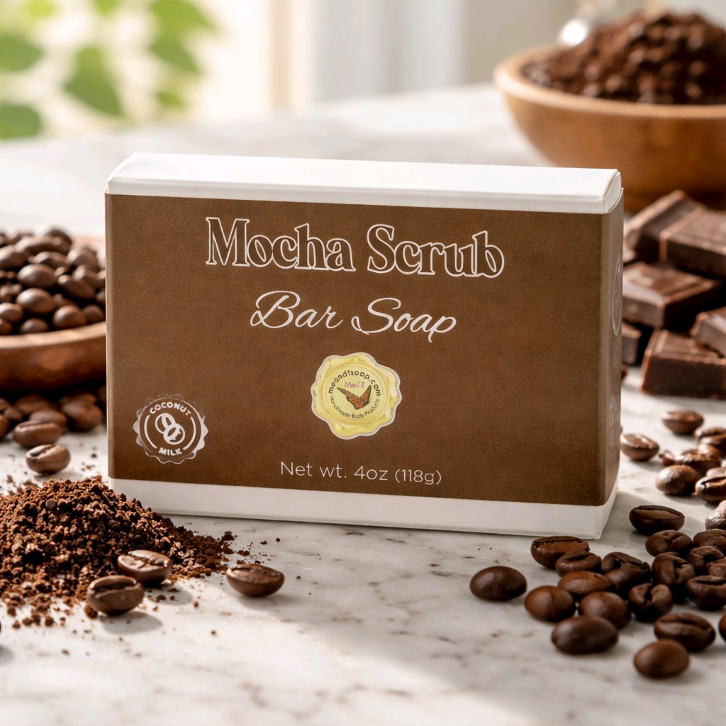 mocha-scrub-bar-soap-box-onmarble-counter-with-beans-and-grounds
