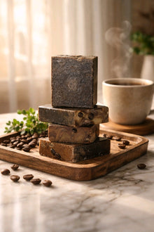 Mocha scrub bar soap stack on a wood tray