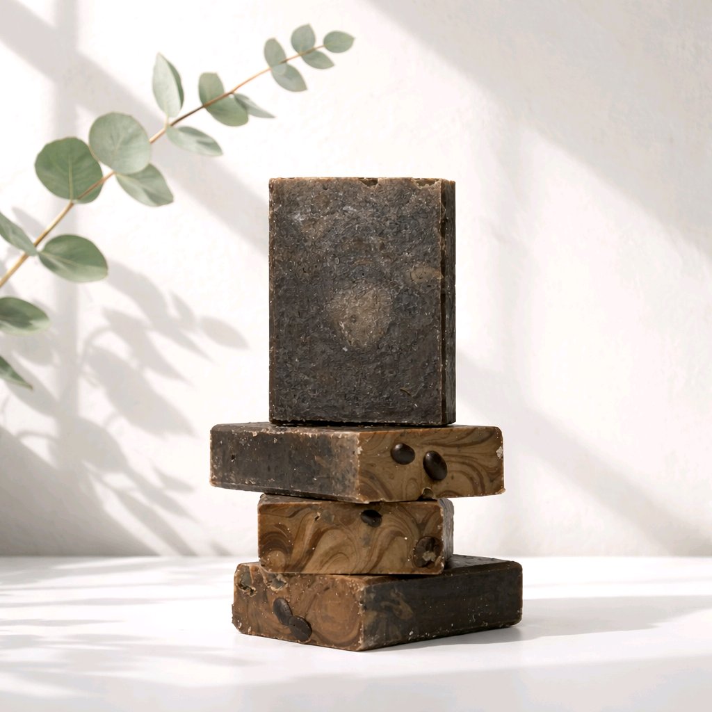 Mocha scrub bar soap stack in a white setting