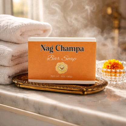 nag champa bar soap box in a wood tray