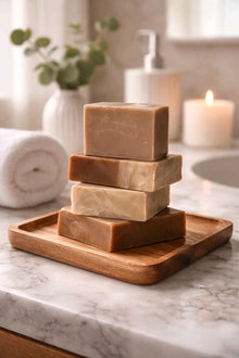 nag champa bar soap stack on a wood tray