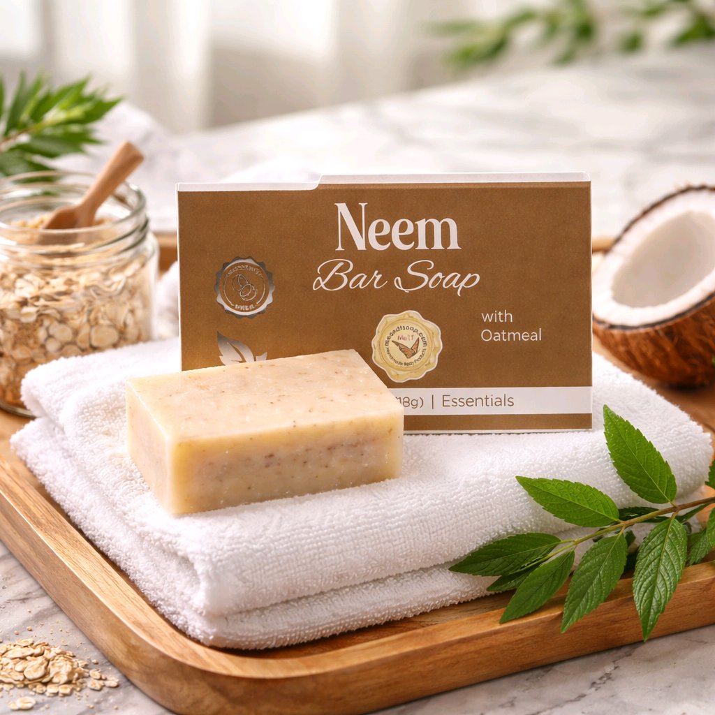 Neem bar soap on a towel with the box behind it