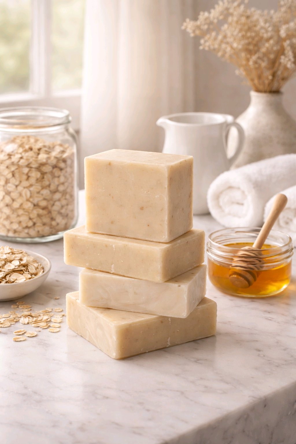 oatmeal milk and honey bar soap stack with honey and oatmeal on the counter