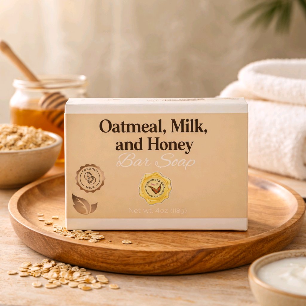 Oatmeal milk and honey bar soap box on a wood tray with oatmeal milk and honey in the background
