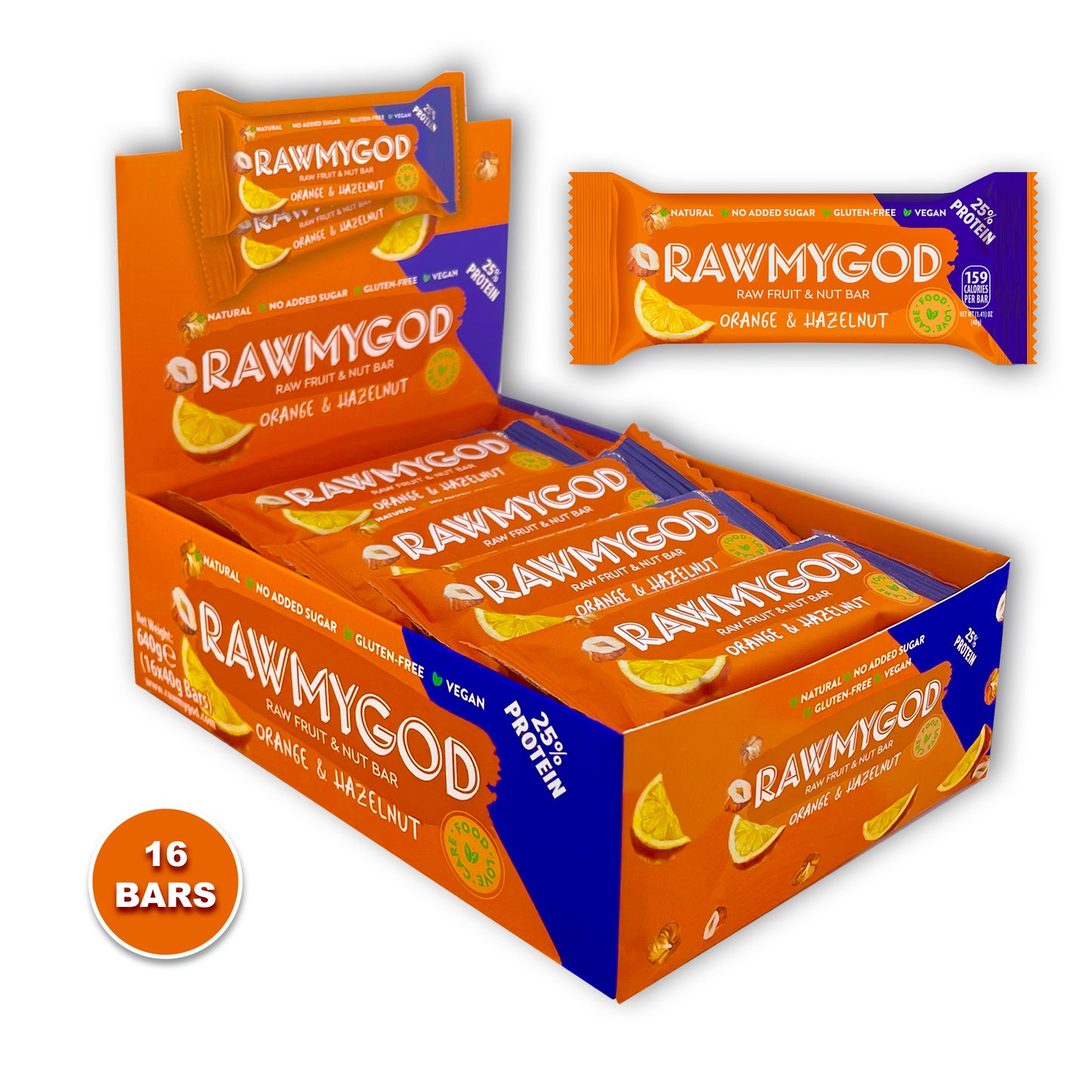 RAWMYGOD Orange & Hazelnut Raw Fruit & Nut Bar, Box of 16