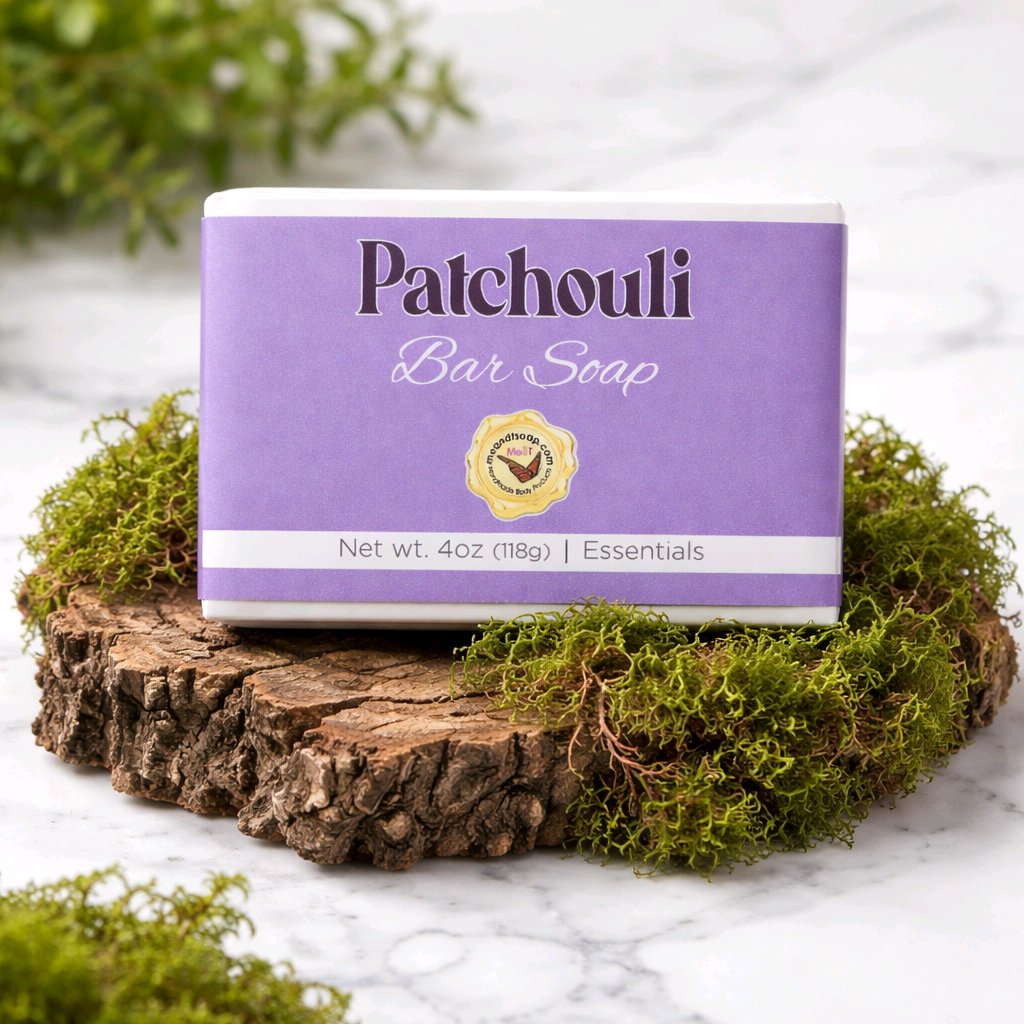 patchouli bar soap box on wood with moss