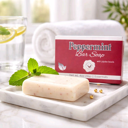 peppermint bar soap with jojoba beads box on a marble tray