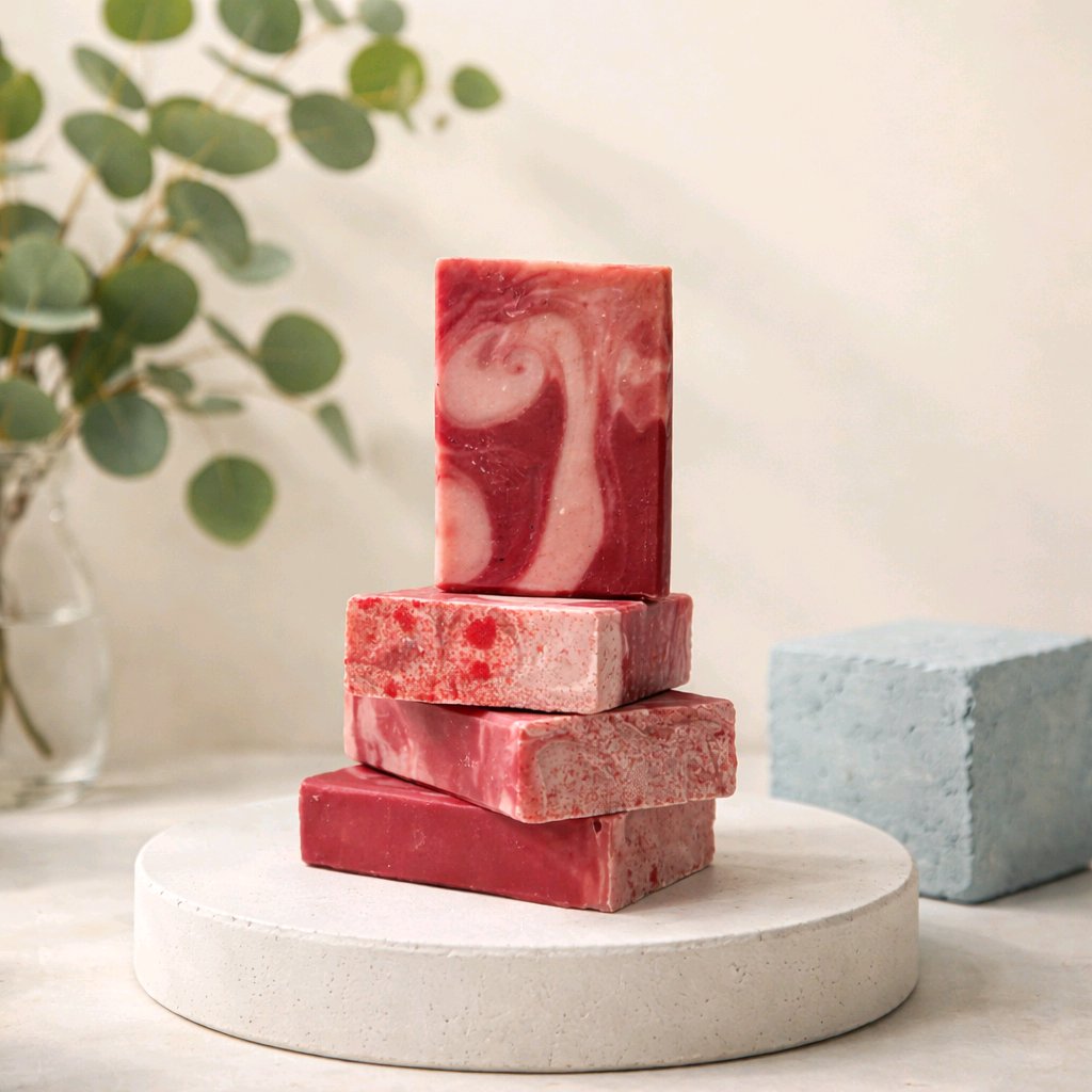 peppermint bar soap stack with jojoba beads on a round pedestal