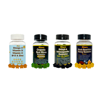 Total Body Wellness: Immune Support, Digestive Health, Energy & Multivitamins, Black Seed Oil, Sea Moss, Shilajit & Omega 3 Gummies, 4 - Pack - Vegan America